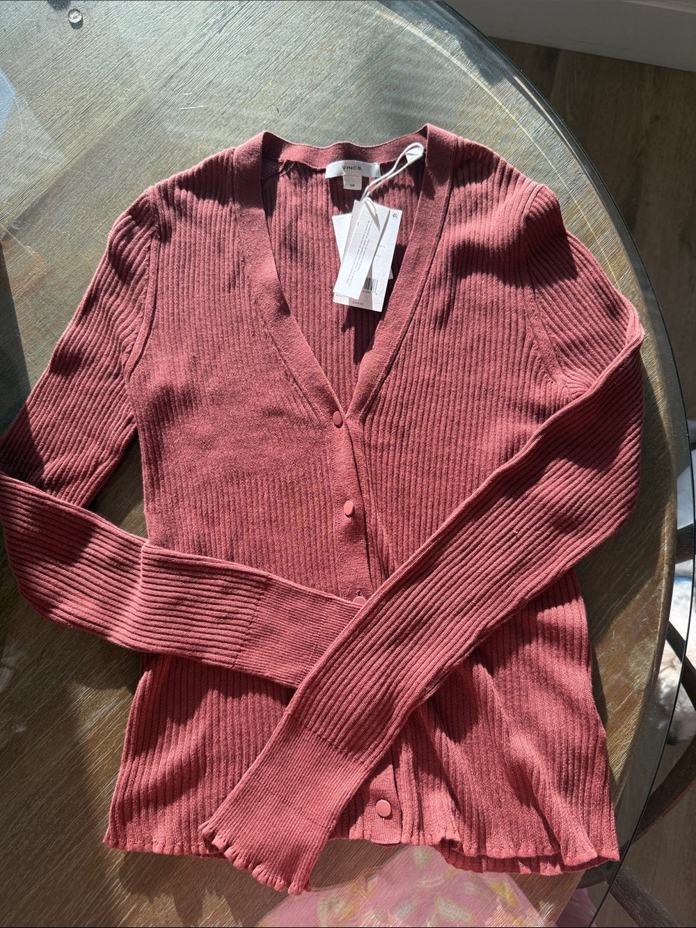 NWT Vince Ribbed V-Neck Button Cardigan in Dusty Rose